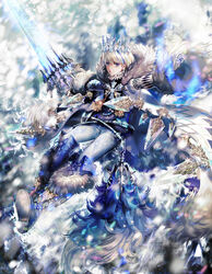  1boy blue_eyes blue_hair boots cape commentary_request cross-laced_footwear crown earrings full_body fur_trim highres jewelry kunai looking_at_viewer male_focus multicolored_hair pale_skin photoshop_(medium) scarf shingoku_no_valhalla_gate shutsuri smile snowflake_print solo sword weapon white_cape white_hair white_scarf wide_sleeves 