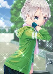  1boy adjusting_hair androgynous bike_shorts blue_eyes blush commentary_request hane_yoshiyumi highres hood hooded_jacket jacket looking_at_viewer male_focus outdoors shorts smile solo sweatband totsuka_saika white_hair yahari_ore_no_seishun_lovecome_wa_machigatteiru. 