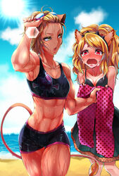  2girls abs animal_ears bad_id bad_pixiv_id beach blonde_hair blush cheetah_girl citti_(show_by_rock!!) cloud crying dark-skinned_female dark_skin day dress goggles goggles_on_head highres laina_(show_by_rock!!) lion_ears lion_girl lion_tail long_hair multiple_girls muscular muscular_female obliques ocean omutsu_(shina94) open_mouth outdoors red_eyes short_hair show_by_rock!! sky swimsuit tail tan tears thighs towel wet yellow_eyes 