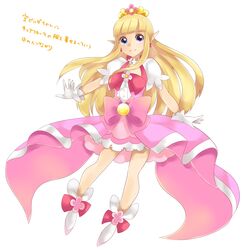  blonde_hair blue_eyes boots bow commentary_request cosplay cure_flora cure_flora_(cosplay) dress female gloves go!_princess_precure highres long_hair magical_girl pink_bow pointy_ears precure princess_zelda shimamura_yuu smile solo the_legend_of_zelda the_legend_of_zelda:_skyward_sword voice_actor_connection waist_bow yamage_yuki 