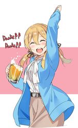  alcohol alternate_costume beer beer_mug black_ribbon blonde_hair clenched_hand collared_shirt commentary cosplay cup ellen_baker ellen_baker_(cosplay) female german_text holding holding_cup jacket kantai_collection look-alike maji_(etonato) mug new_horizon open_clothes open_jacket prinz_eugen_(kancolle) ribbon shirt solo teacher translated twintails 