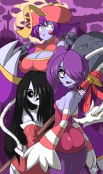  3girls absurdres ass bigdead black_hair black_sclera blush_stickers breasts chinese_clothes choker claws cleavage cleavage_cutout clothing_cutout colored_sclera colored_skin crossover detached_sleeves flipped_hair hair_over_one_eye highres hisako_(killer_instinct) japanese_clothes jiangshi killer_instinct_(2013) killer_instinct_(series) kimono large_breasts lei_lei leviathan_(skullgirls) long_hair multiple_crossover multiple_girls naginata object_through_head off_shoulder ofuda pale_skin polearm purple_hair purple_skin short_hair side_ponytail sideboob skullgirls sleeves_past_wrists small_breasts squigly_(skullgirls) stitched_mouth stitches striped_sleeves trait_connection vampire_(game) weapon wide_hips yellow_eyes zombie 