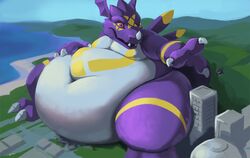  2017 2_toes 3_fingers accidentalaesthetics aircraft anthro arm_markings bandai_namco belly belly_overhang belly_rolls big_belly biped blue_sky building city claws deep_navel destruction detailed_background digimon digital_media_(artwork) dragon dragoneer_(character) facial_markings fakemon fan_character fangs fat_rolls feet fingers giga grey_body grey_claws grey_horn grey_scales head_markings head_wings helicopter horn huge_belly hyper hyper_belly landscape_dwarfing leg_markings love_handles macro male markings membrane_(anatomy) membranous_wings morbidly_obese morbidly_obese_anthro morbidly_obese_male multicolored_body multicolored_scales murasadramon mythological_creature mythological_scalie mythology navel nude obese obese_anthro obese_male open_mouth outside overweight overweight_anthro overweight_male purple_body purple_scales purple_wings red_eyes scales scalie sea signature sitting sky slightly_chubby slightly_chubby_male snout solo teeth thick_thighs toe_claws toes vehicle water wings yellow_body yellow_markings yellow_scales yellow_sclera 