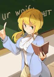  absurdres black_scrunchie blonde_hair book breasts chalkboard commentary_request ellen_baker english_text female green_eyes hair_ornament hair_scrunchie highres kion-kun large_breasts long_hair low_ponytail mai_waifu meme new_horizon profanity scrunchie smile solo 