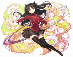  black_hair black_skirt black_thighhighs blue_eyes bow casting_spell cross fate/stay_night fate_(series) female gem hair_ribbon hairbow long_hair long_sleeves million_arthur_(series) pleated_skirt red_gemstone ribbon skirt solo swirling thighhighs tohsaka_rin turtleneck two_side_up zettai_ryouiki 