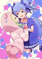  2girls :d blue_eyes blue_hair commentary eye_contact gloves green_eyes green_hair holding_hands hood interlocked_fingers looking_at_another morinaka_kazaki morinaka_kazaki_(1st_costume) multiple_girls natsumi_akira nijisanji open_mouth puffy_short_sleeves puffy_sleeves short_sleeves smile star_(symbol) starry_background twintails virtual_youtuber white_gloves yuri yuuki_chihiro yuuki_chihiro_(1st_costume) 