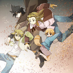  4boys bad_id bad_pixiv_id belt black_eyes black_hair bomber_jacket boots brothers brown_hair cardigan denim dress_shirt falling gradient_background hair_between_eyes headband jacket japanese_clothes jeans kimono loafers lolicon long_hair looking_up male_focus midriff mudo_(saji) multiple_boys orange_hair pants raccoon_tail scared shimogamo_yaichirou shimogamo_yajirou shimogamo_yasaburou shimogamo_yashirou shirt shoes shorts siblings simple_background smile socks t-shirt tail uchouten_kazoku widow&#039;s_peak 