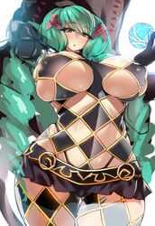  argyle_cutout breasts clothing_cutout commentary_request covered_nipples curvy drill_hair female fiore_brunelli gloves green_hair hair_ribbon huge_breasts looking_at_viewer revealing_clothes ribbon simple_background skindentation solo star_ocean star_ocean_integrity_and_faithlessness takamura_wamu thick_thighs thigh_gap thighs twin_drills white_background yellow_eyes 