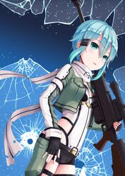  anti-materiel_rifle blue_eyes blue_hair bolt_action commentary_request female fingerless_gloves gloves gun hane_yoshiyumi highres pgm_hecate_ii rifle scarf short_hair short_shorts shorts sinon sniper_rifle solo sword_art_online weapon 