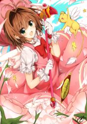  antenna_hair artist_name bad_id bad_pixiv_id blush bow bowtie brown_hair card cardcaptor_sakura clow_card day dress eyebrows female flower flying frilled_dress frills fuuin_no_tsue gloves green_eyes hair_between_eyes hat highres holding kero_(cardcaptor_sakura) kinomoto_sakura kinomoto_sakura_(magic_dream_costume) looking_at_viewer minari_(minari37) open_mouth petals pink_dress pink_hat puffy_short_sleeves puffy_sleeves short_hair short_sleeves sky smile star_(symbol) tail wand white_gloves wind wings 