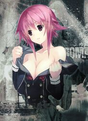  breasts chaos;child cleavage collarbone commentary_request female head_tilt highres medium_breasts official_art onoe_serika parted_lips pink_hair purple_eyes sasaki_mutsumi school_uniform short_hair_with_long_locks sidelocks solo undressing upper_body 