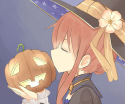  atelier_(series) atelier_ayesha closed_eyes commentary_request female flower from_side hat hat_flower issun_boushi_(taku37taku) jack-o&#039;-lantern kissing kissing_object orange_hair print_headwear profile pumpkin short_hair_with_long_locks sidelocks solo star_(symbol) star_print upper_body wilbell_voll-ersleid witch witch_hat 