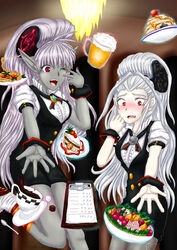  2girls alcohol amons_follower_psychic_waitress beer blush cake cardfight!!_vanguard dark_irregulars food frilly_shirt grey_hair hair_ornament hysteric_shirley long_hair menu multiple_girls pancake red_eyes ribbon salad shorts uniform white_hair wrist_cuffs 