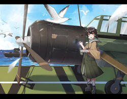  absurdres aircraft airplane b6n_tenzan bad_id bad_pixiv_id binoculars bird boots brown_eyes brown_hair cloud day female flight_deck full_body gloves hakama hakama_skirt headphones highres holding japanese_clothes kantai_collection kasuga_maru_(kancolle) military military_vehicle ocean outdoors partially_fingerless_gloves scarf ship short_hair skirt sky solo taiyou_(kancolle) vehicle_focus warship watercraft wulazula yugake 