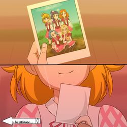  5girls arrow_(symbol) asahina_mirai black_pantyhose black_thighhighs blonde_hair blue_hair capelet closed_mouth commentary_request crying day emily_(mahou_girls_precure!) facing_viewer fingernails glasses grass group_picture hand_on_another&#039;s_cheek hand_on_another&#039;s_face hat head_out_of_frame holding holding_photo holding_stuffed_toy izayoi_liko jojo_no_kimyou_na_bouken jun_(mahou_girls_precure!) kei_(mahou_girls_precure!) long_hair looking_at_object looking_at_viewer mahou_girls_precure! medium_hair mofurun_(mahou_girls_precure!) multiple_girls nann_tou neck_ribbon on_ground orange_hair outdoors pantyhose parody photo_(object) pink_ribbon pink_skirt pov precure purple_eyes purple_hair ribbon shirt short_hair short_sleeves sitting skirt smile split_screen standing stardust_crusaders stuffed_toy tears thighhighs to_be_continued white_shirt witch_hat 