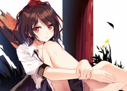  :o bare_legs barefoot black_skirt blush brown_hair collared_shirt commentary_request eien_no_juu_nana-sai female grass hat hugging_own_legs ke-ta_(style) knee_up leg_up looking_at_viewer miniskirt own_hands_together parted_lips petticoat pillar puffy_short_sleeves puffy_sleeves red_eyes red_hat shameimaru_aya shirt short_hair short_sleeves simple_background sitting skirt solo tokin_hat touhou white_background white_shirt wing_collar 