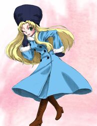  absurdres black_gloves blonde_hair blue_coat blush boots breasts buttons coat commentary_request earrings female fur_hat fur_trim gloves green_eyes hand_on_own_hip hat high_heel_boots high_heels highres jewelry kalinka_cossack_(mega_man) long_hair medium_breasts mega_man_(classic) mega_man_(series) one_eye_closed painting_(medium) photoshop_(medium) rockman_xover saikoraru solo traditional_media ushanka watercolor_(medium) 