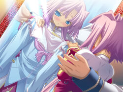  blue_eyes blush dress female game_cg hikage_eiji koihime_musou mirror pink_hair sonken 