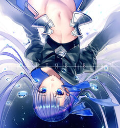  air_bubble armor asymmetrical_bangs blue_eyes blue_ribbon bottomless bubble character_name commentary_request expressionless fate/extra fate/extra_ccc fate_(series) faulds female flat_chest gradient_background juliet_sleeves lips long_hair long_sleeves md5_mismatch meltryllis_(fate) navel out-of-frame_censoring parted_lips partial_commentary puffy_sleeves purple_hair revealing_clothes ribbon romaji_text solo stomach straight_hair submerged tamaki_mitsune underwater upside-down very_long_hair waist_cape wide_sleeves 