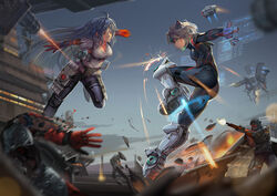  2girls ahoge animal_ears antennae armor army assault_rifle bad_id bad_pixiv_id battle bodysuit boots breasts bug building cannon cat_ears cleavage copyright_request cyborg damaged duel energy_barrier energy_shield firing flying gatling_gun gloves gun headgear helmet hologram jumping long_hair mecha medium_breasts motion_blur multiple_girls official_art photoshop_(medium) power_suit rifle robot saber_01 satellite science_fiction short_hair silver_hair skin_tight soldier three-dimensional_maneuver_gear weapon 