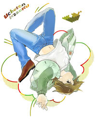  1boy boots brown_eyes brown_hair buttons cardigan commentary_request denim floating fon-due_(fonfon) full_body jeans leaf looking_at_viewer male_focus midriff navel pants photoshop_(medium) pixels profile shimogamo_yasaburou shirt simple_background solo t-shirt uchouten_kazoku upside-down 