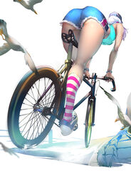  ass baseball_cap bicycle bird commentary female full_body fur_trim guratan hat kneehighs kneepits medium_hair midriff original photoshop_(medium) riding short_shorts shorts silver_hair simple_background socks solo striped_clothes striped_socks wristband 