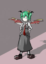  &gt;:) alternate_costume bat_wings bow commentary_request cosplay daiyousei dress_shirt fairy_wings fake_wings female full_body green_eyes green_hair hairbow hands_on_own_hips headband koakuma koakuma_(cosplay) loafers long_sleeves necktie shadow shirt shoes short_hair side_ponytail simple_background skirt skirt_set smile solo tape touhou tren v-shaped_eyebrows vest white_shirt wings 