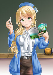  adapted_costume alternate_costume atago_(kancolle) bad_id bad_pixiv_id belt beret blonde_hair blue_hat blue_jacket blush board_eraser book breasts chalk chalkboard checkered closed_mouth collared_shirt cosplay cowboy_shot dress_shirt ellen_baker ellen_baker_(cosplay) eyebrows eyelashes female fingernails green_eyes hair_ornament hair_over_shoulder hair_scrunchie hat head_tilt holding holding_book jacket kantai_collection kasugano_tobari large_breasts long_fingernails long_hair long_sleeves low_ponytail nail_polish neck_ribbon new_horizon pantyhose pink_nails ribbon scrunchie shirt smile solo swept_bangs teacher white_shirt 