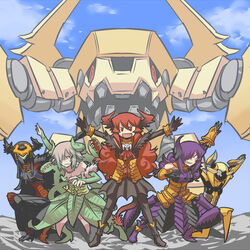  5girls armor armored_dress arthropod_girl bad_id bad_tumblr_id bare_shoulders demon_girl elbow_gloves faulds gloves grin hair_over_one_eye horns humanoid_robot leaf long_hair maou_beluzel matsuda_yuusuke mecha monster_girl multiple_girls nise_maou_dokuzeru nise_maou_kanizeru nise_maou_kikaizeru nise_maou_sukaraberu oerba_yun_fang pink_hair plant plant_girl purple_hair red_eyes red_hair robot scales sharp_teeth short_hair smile standing teeth venus_flytrap wavy_hair yuusha_to_maou 