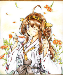  ahoge bare_shoulders boots brown_hair commentary_request cup detached_sleeves double_bun female hair_bun hair_ornament hairband headgear japanese_clothes kantai_collection kongou_(kancolle) long_hair looking_at_viewer masana_hatuse one_eye_closed purple_eyes skirt solo tea teacup wide_sleeves 