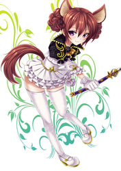  animal_ears braid brown_hair commentary_request dog_ears dress elin female gloves highres horns long_hair mary_janes purple_eyes shoes smile solo soraeda tail tera_online thighhighs twin_braids twintails wand 