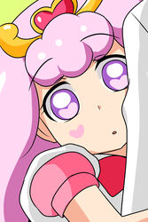  commentary_request female go!_princess_precure hair_ornament heart heart-shaped_pupils highres hug hug_from_behind light_purple_hair looking_at_viewer nishi_koutarou open_mouth painttool_sai_(medium) pink_hair precure puff_(go!_princess_precure) puff_(go!_princess_precure)_(human) solo_focus symbol-shaped_pupils 