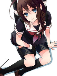  ahoge blue_eyes braid brown_hair female gloves hair_ribbon hidaka_ryou kantai_collection looking_at_viewer machinery personification pixiv_thumbnail resized ribbon sailor_dress school_uniform seifuku shigure_(kantai_collection) sitting socks solo 