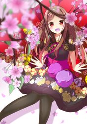  blush brown_hair chacha_(fate/grand_order) dress fate/grand_order fate_(series) female flower hairband long_hair open_mouth pantyhose red_eyes 