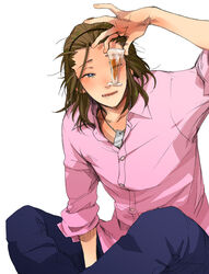  1boy arm_support blush brown_hair commentary_request denim dress_shirt drink drunk glass grin headband highres indian_style jeans jewelry long_hair looking_at_viewer male_focus messy_hair necklace one_eye_closed pants saliva shimogamo_yajirou shirt sitting sleeves_rolled_up smile solo uchouten_kazoku white_background zkakq 