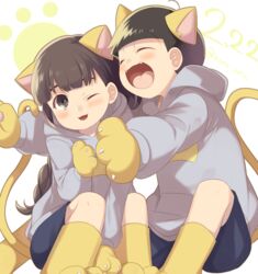  1boy ;3 ;d ^_^ ahoge alternate_costume animal_ears animal_hands bad_id bad_pixiv_id black_hair blue_shorts blunt_bangs blush braid brown_eyes brown_hair cat_day cat_ears cat_tail closed_eyes dated eyebrows fangs female freckles gloves happy hood hood_down hoodie jyushimatsu&#039;s_girlfriend long_hair long_sleeves looking_at_viewer matching_outfits matsuno_jyushimatsu one_eye_closed open_mouth osomatsu-kun osomatsu-san osomatsu_(series) paw_gloves paw_print paw_shoes pout shibanashi_miso shoes shorts single_braid sitting smile straight tail tongue white_background 