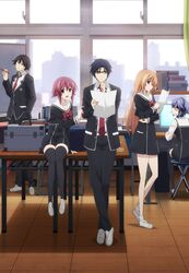  2boys 3girls absurdres arm_support black_dress black_hair black_jacket black_legwear black_pants blue_hair bow bowtie chaos;child commentary_request dress full_body glasses hand_in_pocket headphones highres holding holding_pen indoors itou_shinji_(chaos;child) jacket kazuki_hana kurusu_nono light_brown_hair long_hair looking_back miyashiro_takuru multiple_boys multiple_girls necktie official_art onoe_serika pants parted_lips pen pink_hair red_bow red_bowtie red_necktie school school_uniform shirt short_dress short_hair sidelocks sitting standing thighhighs very_long_hair white_shirt zettai_ryouiki 