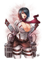  black_hair breasts brown_eyes bursting_breasts cleavage curvy female hair_over_one_eye huge_breasts mikasa_ackerman reiq scarf shingeki_no_kyojin short_hair solo standing wide_hips 