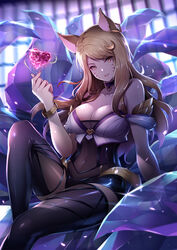  ahri_(league_of_legends) animal_ears arm_support bare_shoulders black_choker black_thighhighs blonde_hair blurry bracelet breasts choker cleavage collarbone commentary covered_navel crescent crescent_hair_ornament crystal depth_of_field earrings english_commentary facial_mark female floating_hair fox_ears fox_tail glint hair_ornament hand_up head_tilt heart highres jewelry k/da_(league_of_legends) k/da_ahri kiyo_(chaoschyan) knee_up large_breasts league_of_legends light_rays long_hair looking_at_viewer nail_polish parted_lips petals photoshop_(medium) pink_nails shiny_clothes shiny_skin sitting skin_tight smile solo sunlight swept_bangs tail thighhighs transparent tsurime whisker_markings yellow_eyes 