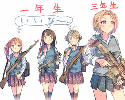  4girls acog american_flag assault_rifle battle_rifle black_hair blonde_hair blue_eyes blush bottle brown_eyes brown_hair commentary_request daito double_bun flag fn_scar france french_flag german_flag germany gewehr_43 glasses gun gun_sling hair_bobbles hair_bun hair_ornament hairclip magazine_(weapon) mat-49 multiple_girls original rifle russia russian_flag school_uniform short_hair side_ponytail skirt submachine_gun svt-40 sweater_vest translated trigger_discipline united_states weapon 