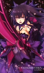  artist_name black_gloves breasts character_name cleavage cleavage_cutout clothing_cutout commentary_request date_a_live dress elbow_gloves female gloves hair_ribbon holding holding_sword holding_weapon kyoraku_(weng3133) long_hair looking_at_viewer medium_breasts open_mouth petals purple_dress purple_eyes purple_hair ribbon solo sword weapon yatogami_tenka yatogami_tooka 