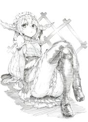  alternate_costume bad_id bad_pixiv_id bare_shoulders commentary_request crossed_legs cuffs dress female greyscale highres horns ibuki_suika long_hair maid_headdress monochrome oshake panties pantyshot shackles sitting solo thighhighs touhou underwear 