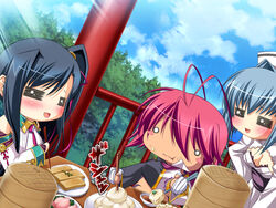  3girls antenna_hair black_hair blush chopsticks chouun food game_cg kan&#039;u katagiri_hinata koihime_musou long_hair multiple_girls pink_hair ponytail ryofu shokatsuryou short_hair tattoo 