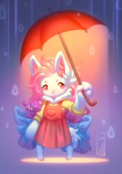  2018 anthro blue_bow canid canine chibi clothed clothing digital_media_(artwork) dress female fur hair inner_ear_fluff levaligress light lighting long_hair looking_at_viewer mammal raindrop red_clothing red_dress shirt signature smile solo topwear tuft umbrella white_body white_fur yellow_clothing yellow_shirt yellow_topwear 