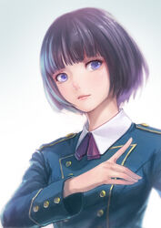  blunt_bangs bob_cut closed_mouth collared_shirt commentary_request eyelashes female gradient_background hirate_yurina keyakizaka46 lips long_sleeves looking_to_the_side neck_ribbon photoshop_(medium) purple_eyes purple_hair ribbon shirt short_hair solo uniform upper_body white_background zhenlin 