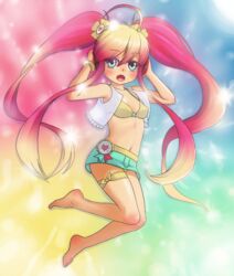  ahoge barefoot beatmania_iidx bikini bikini_top_only blonde_hair blue_eyes breasts clip_studio_paint_(medium) commentary fangs female finalcake full_body gradient_hair hair_ornament headphones huge_ahoge jumping long_hair miniskirt multicolored_hair navel panties pantyshot pink_hair sidelocks skirt small_breasts solo swimsuit thigh_strap twintails underwear very_long_hair vest yamashina_shizuku 