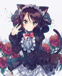  \||/ animal_ears arm_behind_back bad_id bad_pixiv_id bell black_dress black_hair bow bowtie cat_ears cat_girl cat_tail cowboy_shot curly_hair cyan_(show_by_rock!!) dress eyelashes female flower hairband highres juliet_sleeves lolita_hairband long_sleeves looking_at_viewer open_mouth petticoat puffy_sleeves red_bow red_bowtie red_flower red_rose rose show_by_rock!! smile solo standing swept_bangs tail thighhighs ultone_(neisiss) zettai_ryouiki 