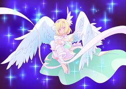  1boy absurdres androgynous black_background blonde_hair blue_background bob_cut cast closed_mouth commentary_request cure_infini feet fetal_position head_tilt head_wings henshin highres hugtto!_precure ice_skates leg_ribbon magical_boy male_focus otokamu precure ribbon shoes single_head_wing single_shoe skates smile solo sparkle transformation transforming_clothes two-tone_background wakamiya_henri white_legwear white_ribbon wings 