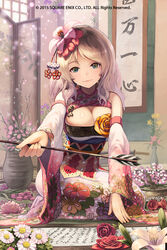  arrow_(projectile) blue_eyes breasts cleavage commentary_request detached_sleeves female floral_print flower full_body hair_flower hair_ornament highres indoors large_breasts light_brown_hair looking_at_viewer official_art original photoshop_(medium) pot screen scroll seiza sengoku_yaraideka sitting smile solo takanori_yamada twisted_torso vase watermark wide_sleeves window 