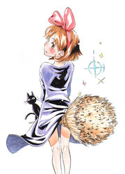  absurdres animal bad_id bad_pixiv_id bare_legs black_cat blush bow broom broom_riding brown_eyes brown_hair dress feline female from_behind hairband hairbow highres jiji_(majo_no_takkyuubin) kiki_(majo_no_takkyuubin) kneepits kyunta looking_at_viewer looking_back majo_no_takkyuubin short_hair smile studio_ghibli witch 